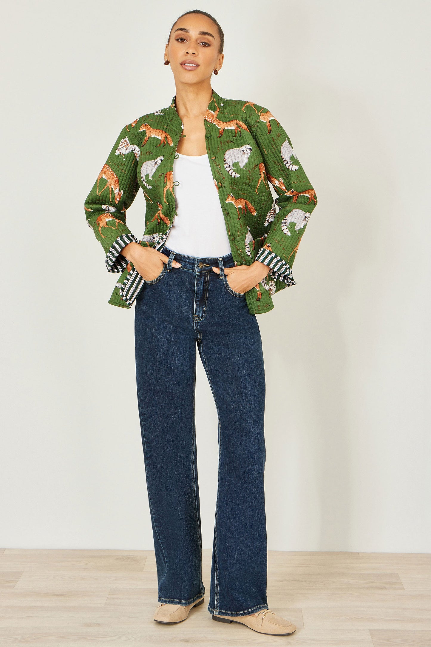 Green Fox Print Reversible Cotton Quilted Jacket