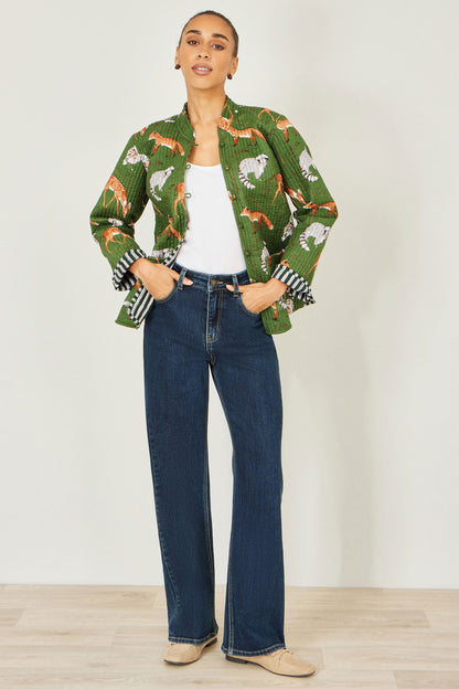 Green Fox Print Reversible Cotton Quilted Jacket