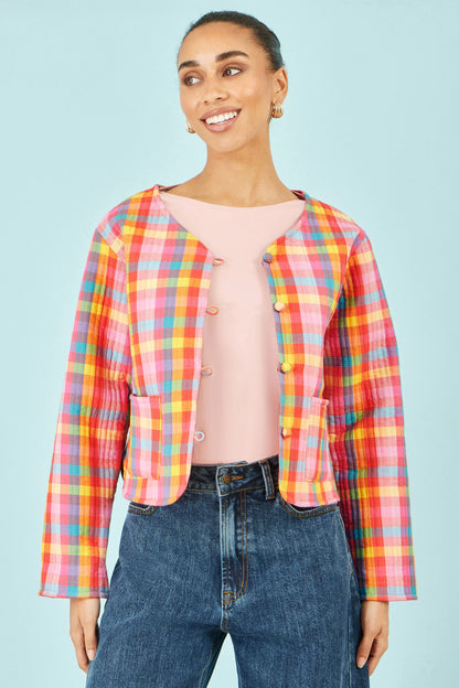 Multicolour Checked Reversible Cotton Quilted Jacket