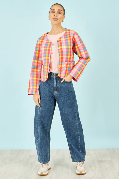 Multicolour Checked Reversible Cotton Quilted Jacket