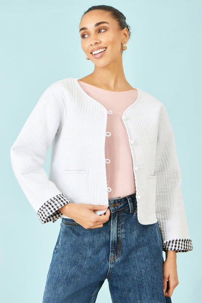 White Gingham Reversible Cotton Quilted Cropped Jacket