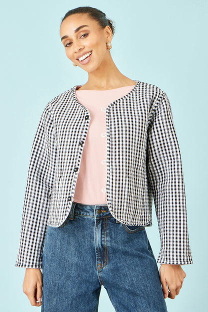 White Gingham Reversible Cotton Quilted Cropped Jacket