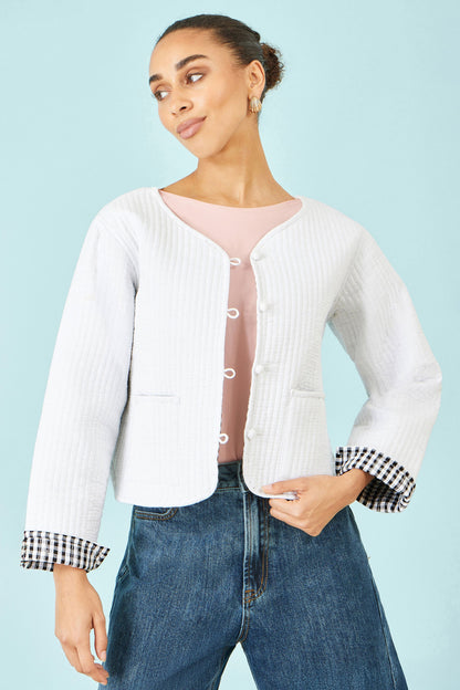 White Gingham Reversible Cotton Quilted Cropped Jacket