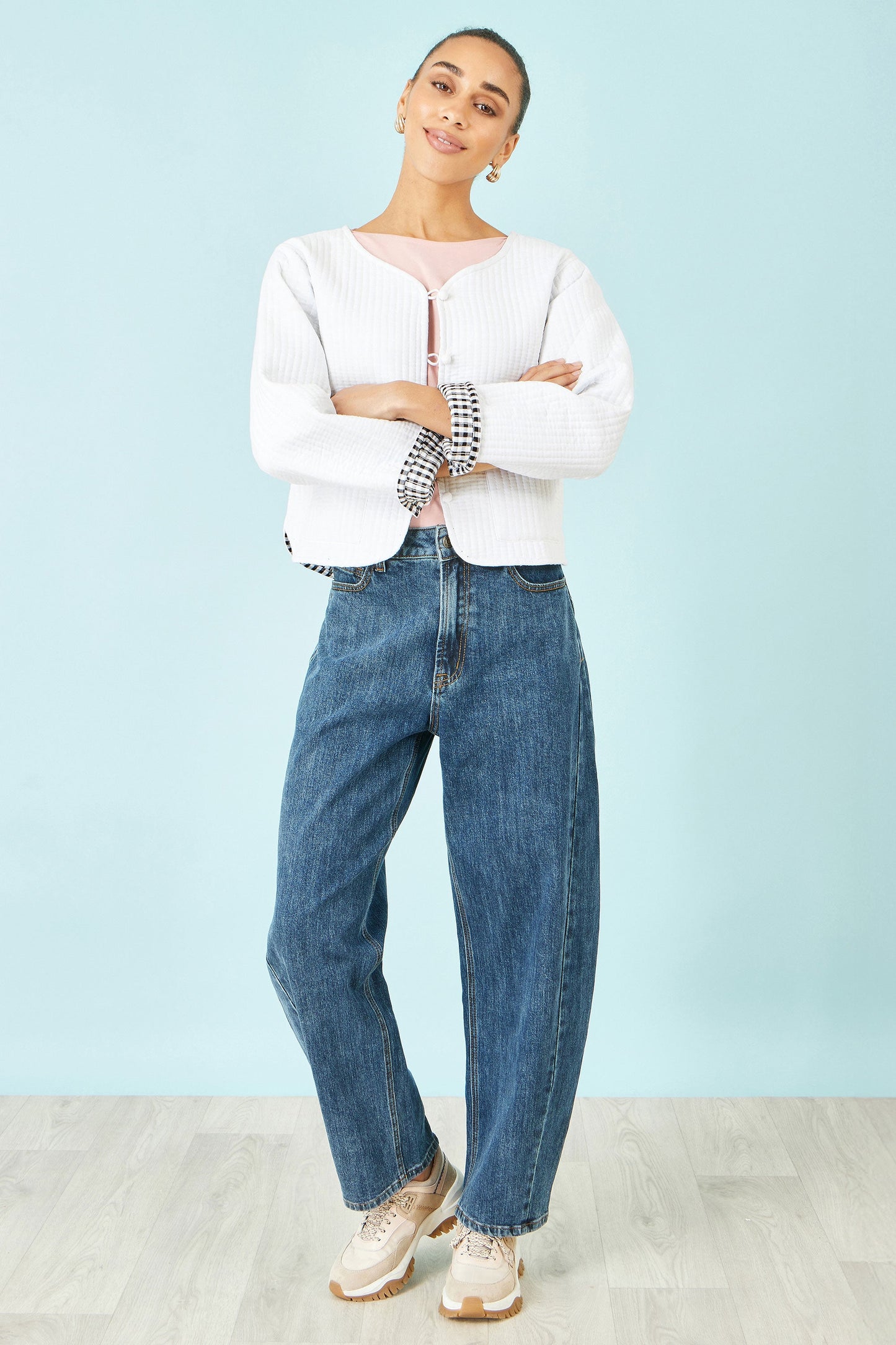 White Gingham Reversible Cotton Quilted Cropped Jacket