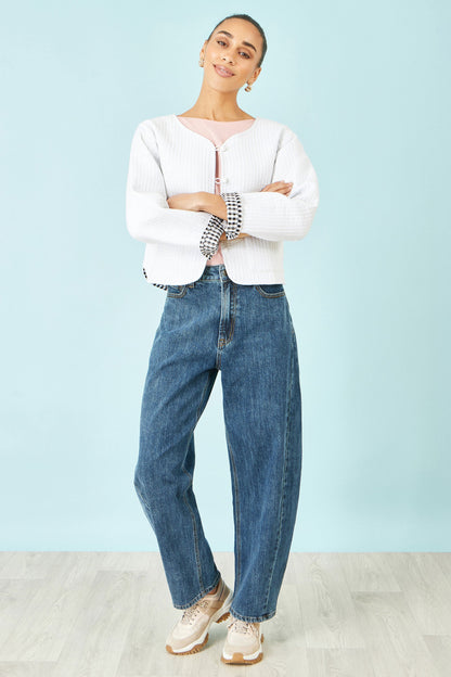 White Gingham Reversible Cotton Quilted Cropped Jacket