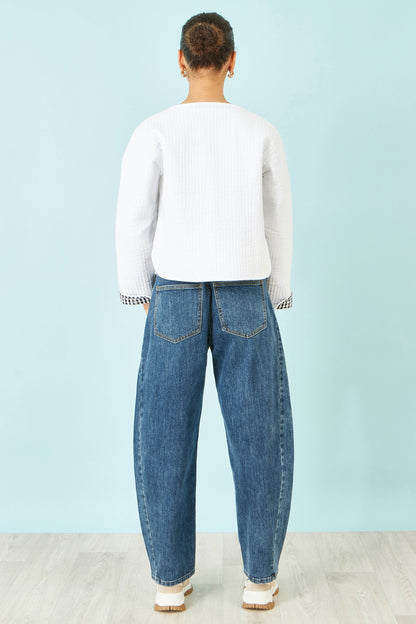 White Gingham Reversible Cotton Quilted Cropped Jacket