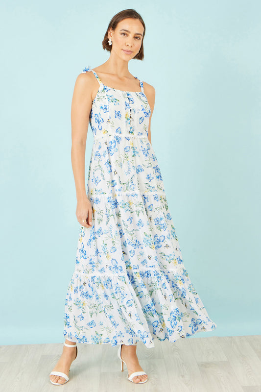 The Butterfly Print – White Tiered Maxi Dress
