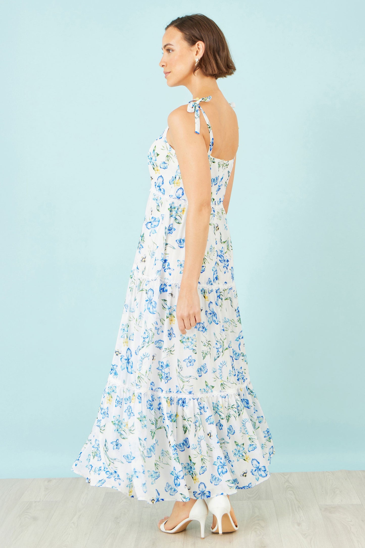 The Butterfly Print – White Tiered Maxi Dress