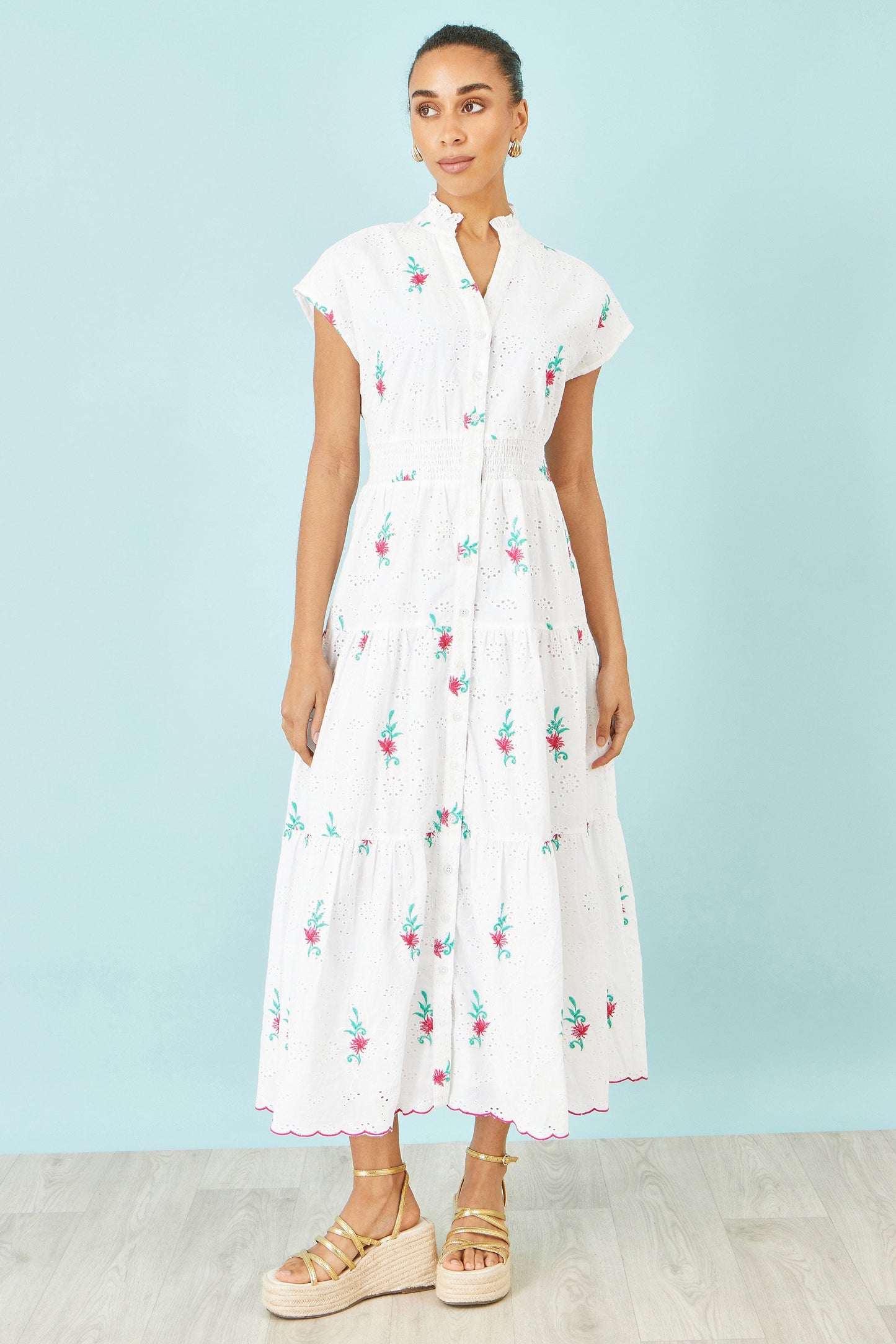 White Cotton Broderie Anglaise Embroidered Midi Dress