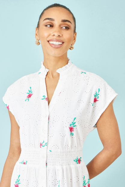 White Cotton Broderie Anglaise Embroidered Midi Dress