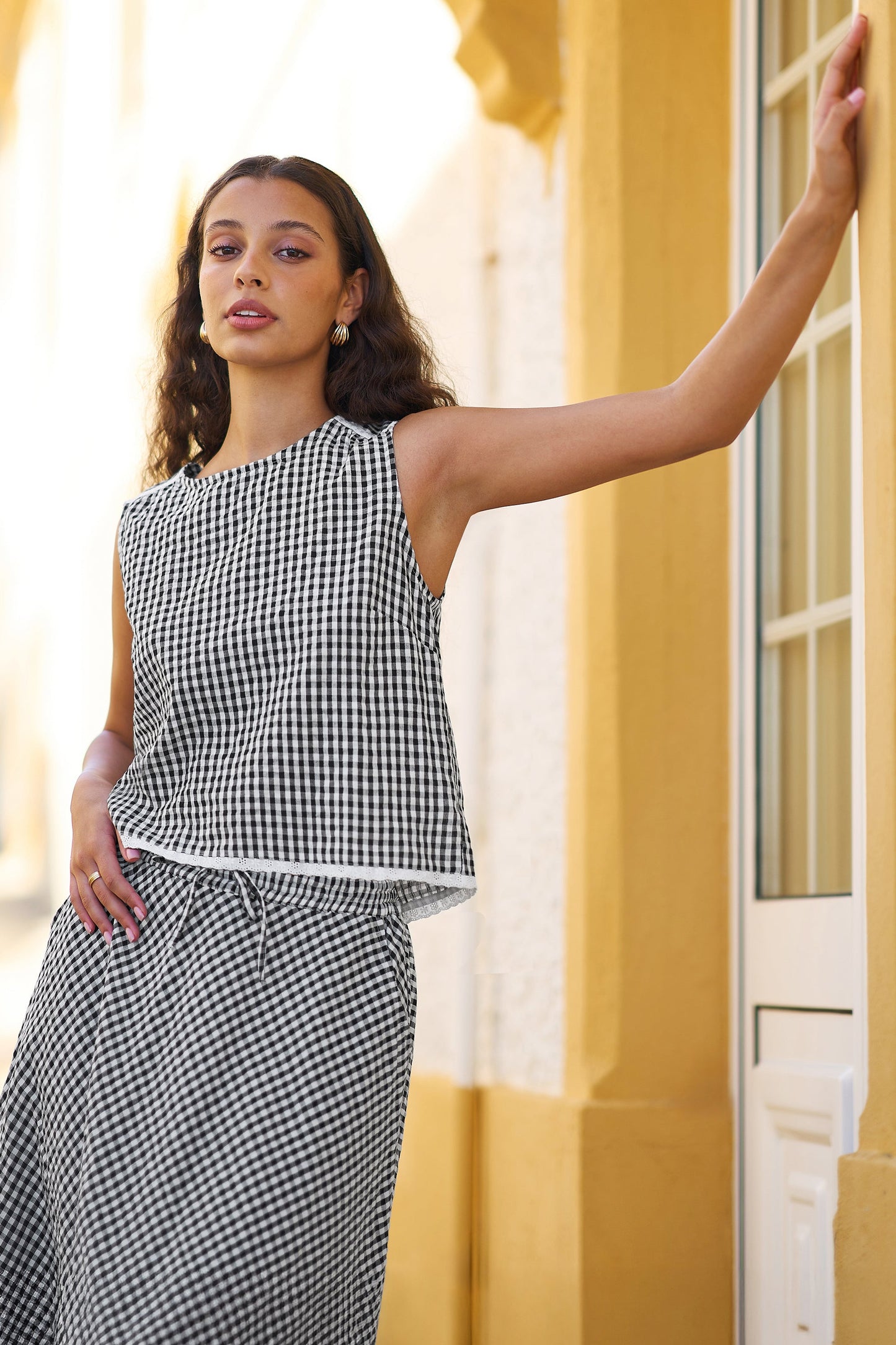 Black Gingham Cotton Midi Skirt