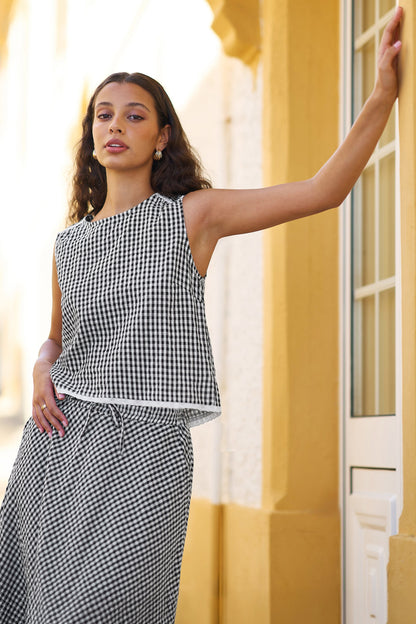 Black Gingham Cotton Midi Skirt