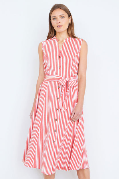 Red Stripe Midi Sleeveless Shirt Dress