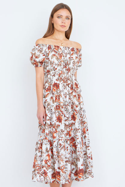 The Off-Shoulder – Orange Floral Midi Dress