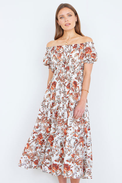 The Off-Shoulder – Orange Floral Midi Dress