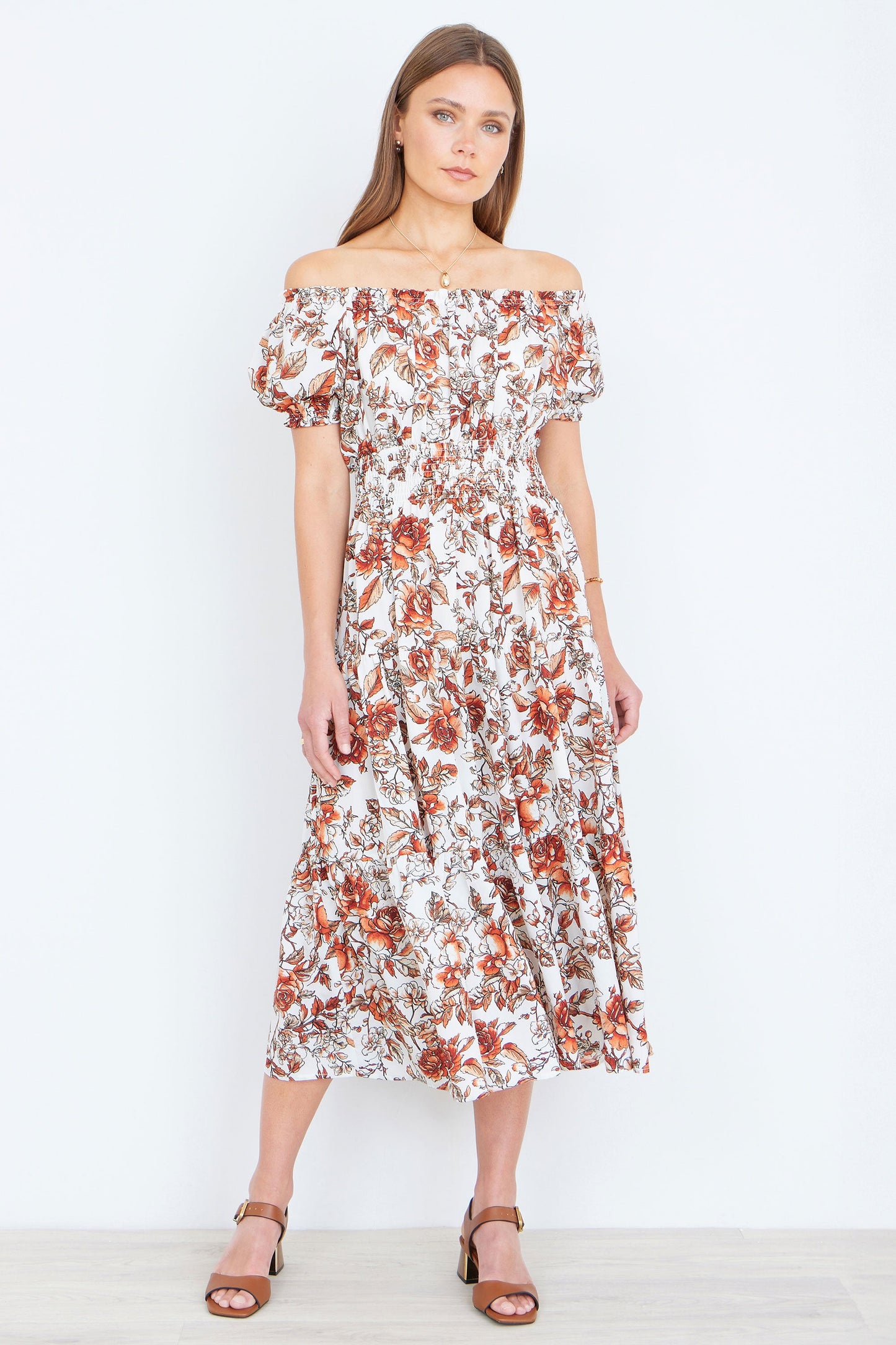 The Off-Shoulder – Orange Floral Midi Dress