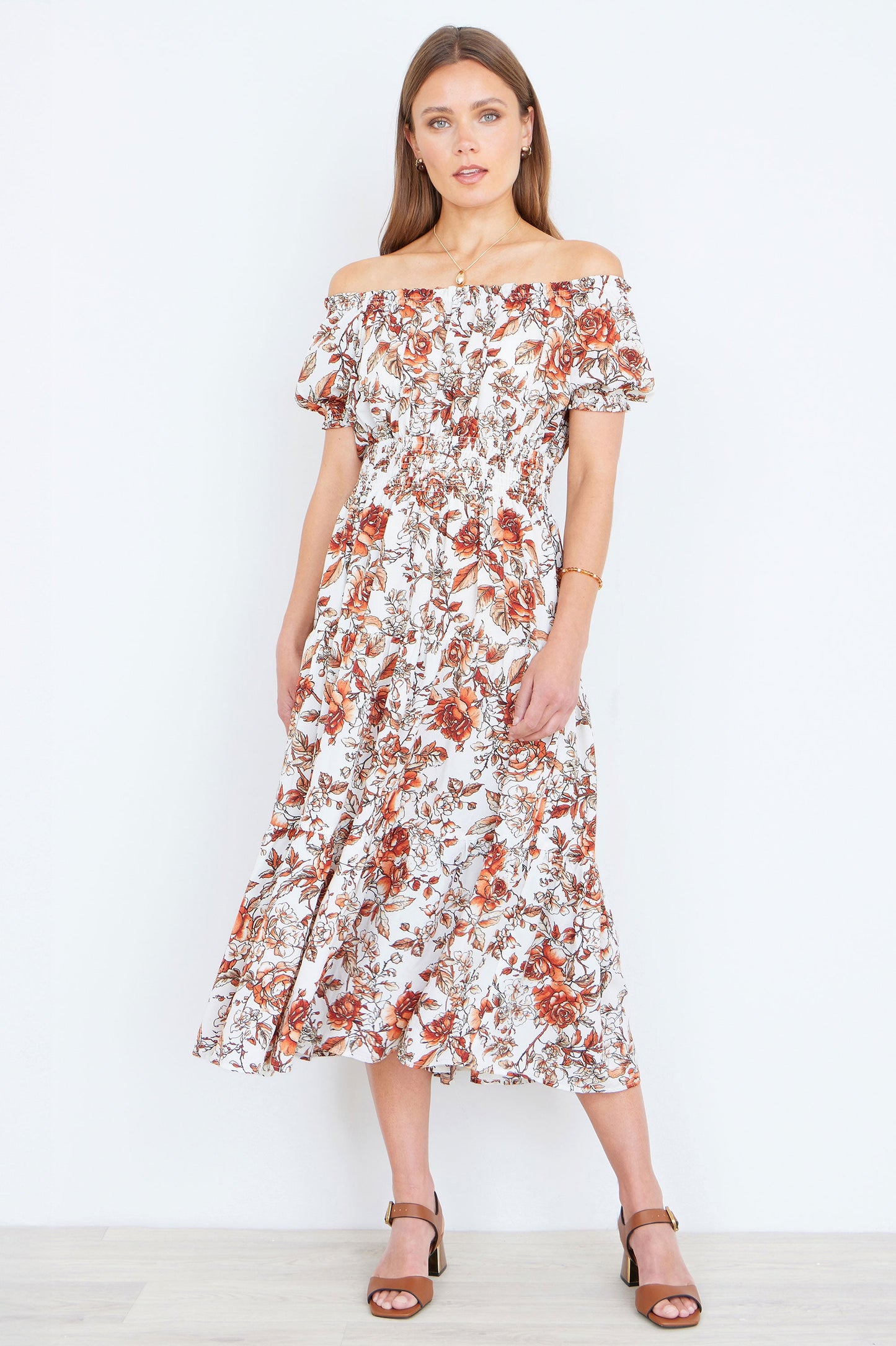 The Off-Shoulder – Orange Floral Midi Dress