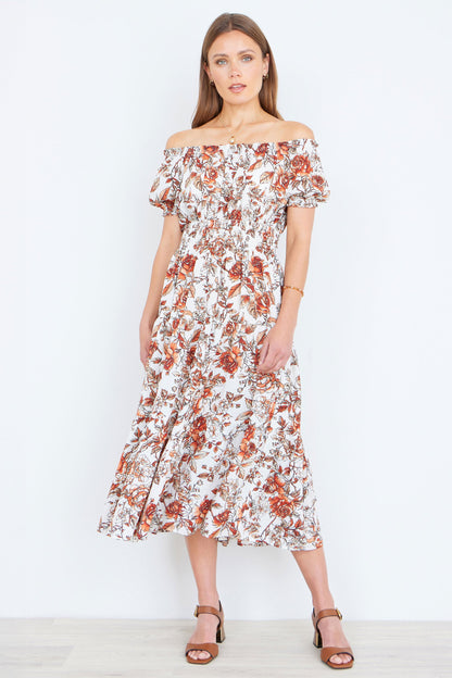 The Off-Shoulder – Orange Floral Midi Dress