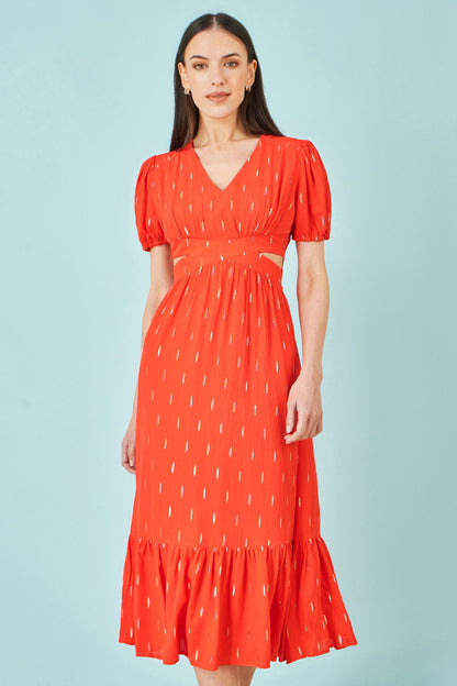 Orange Foil Print Viscose Cut Out Midi Dress