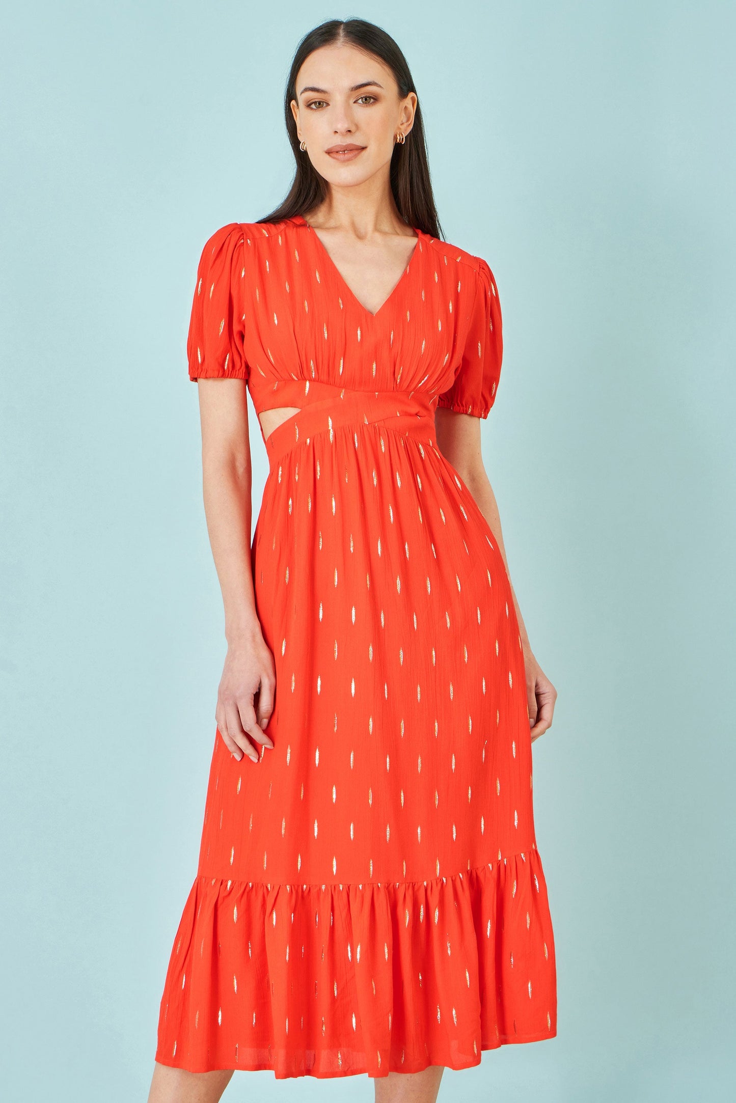 Orange Foil Print Viscose Cut Out Midi Dress