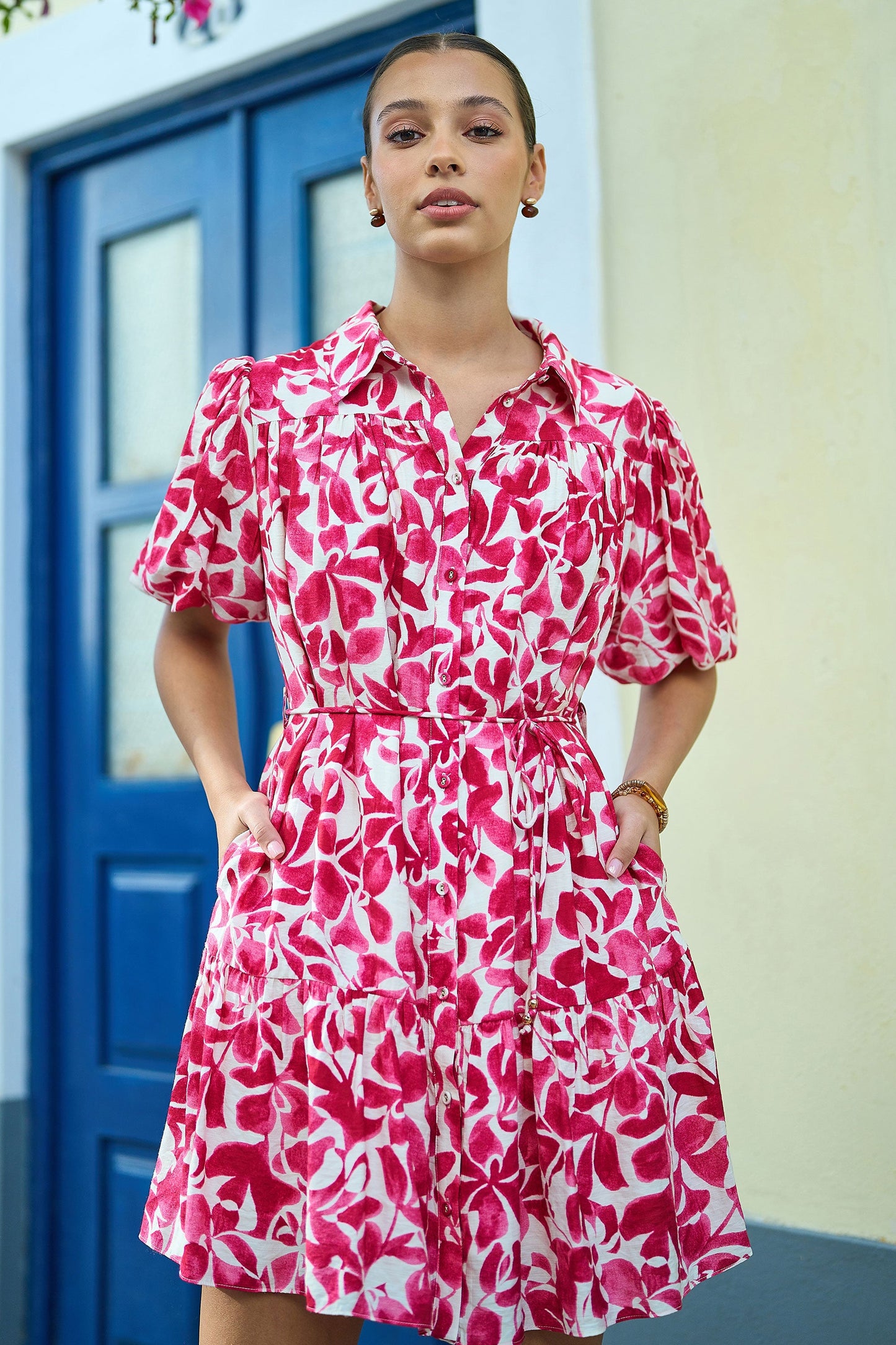 Pink Floral Print Viscose Relaxed Shirt Dress