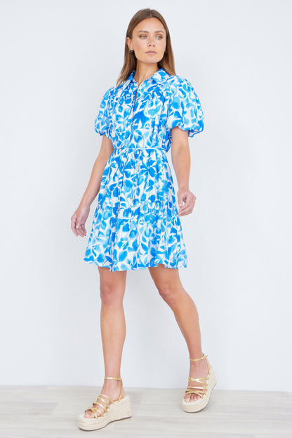 Blue Floral Print Viscose Relaxed Shirt Dress