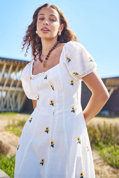 White Cotton Sunflower Embroidered Midi Dress