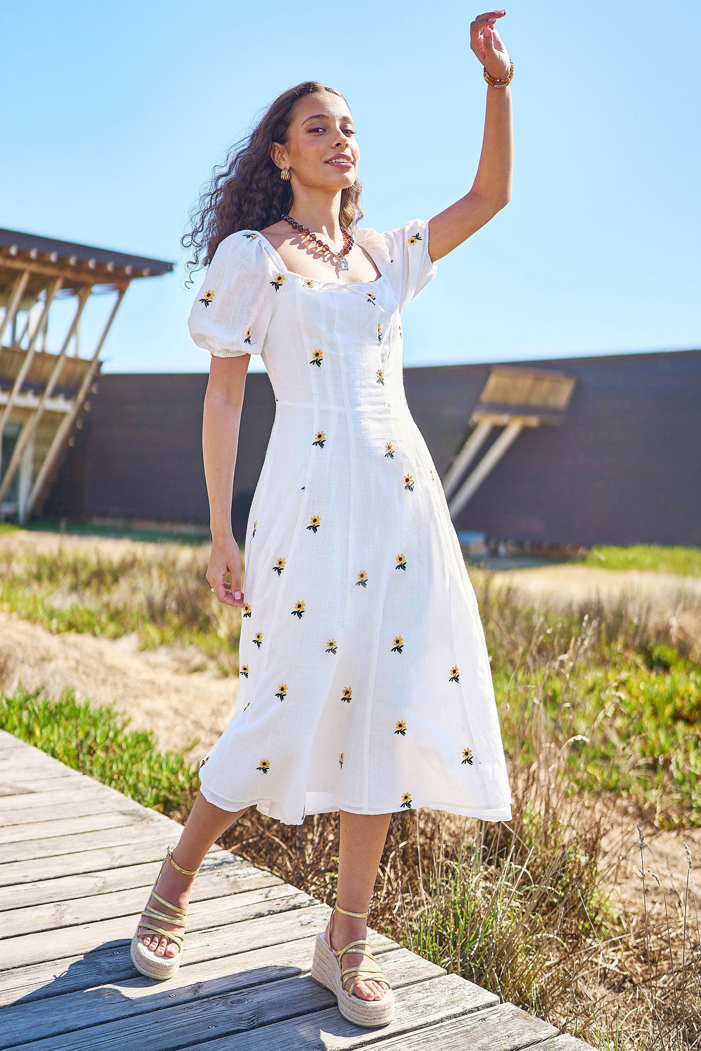 White Cotton Sunflower Embroidered Midi Dress