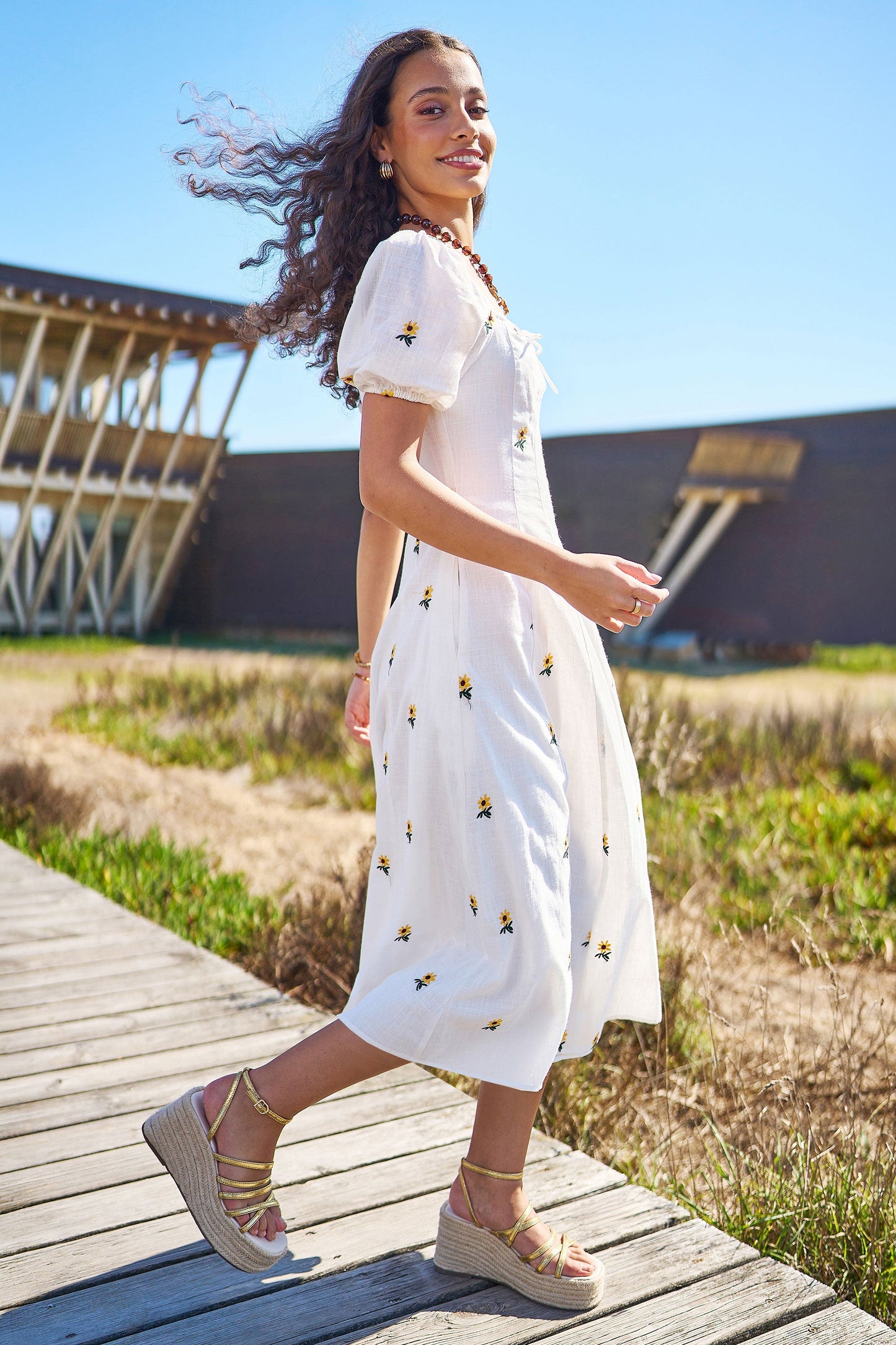 White Cotton Sunflower Embroidered Midi Dress