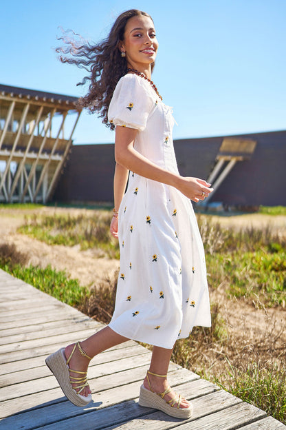 White Cotton Sunflower Embroidered Midi Dress