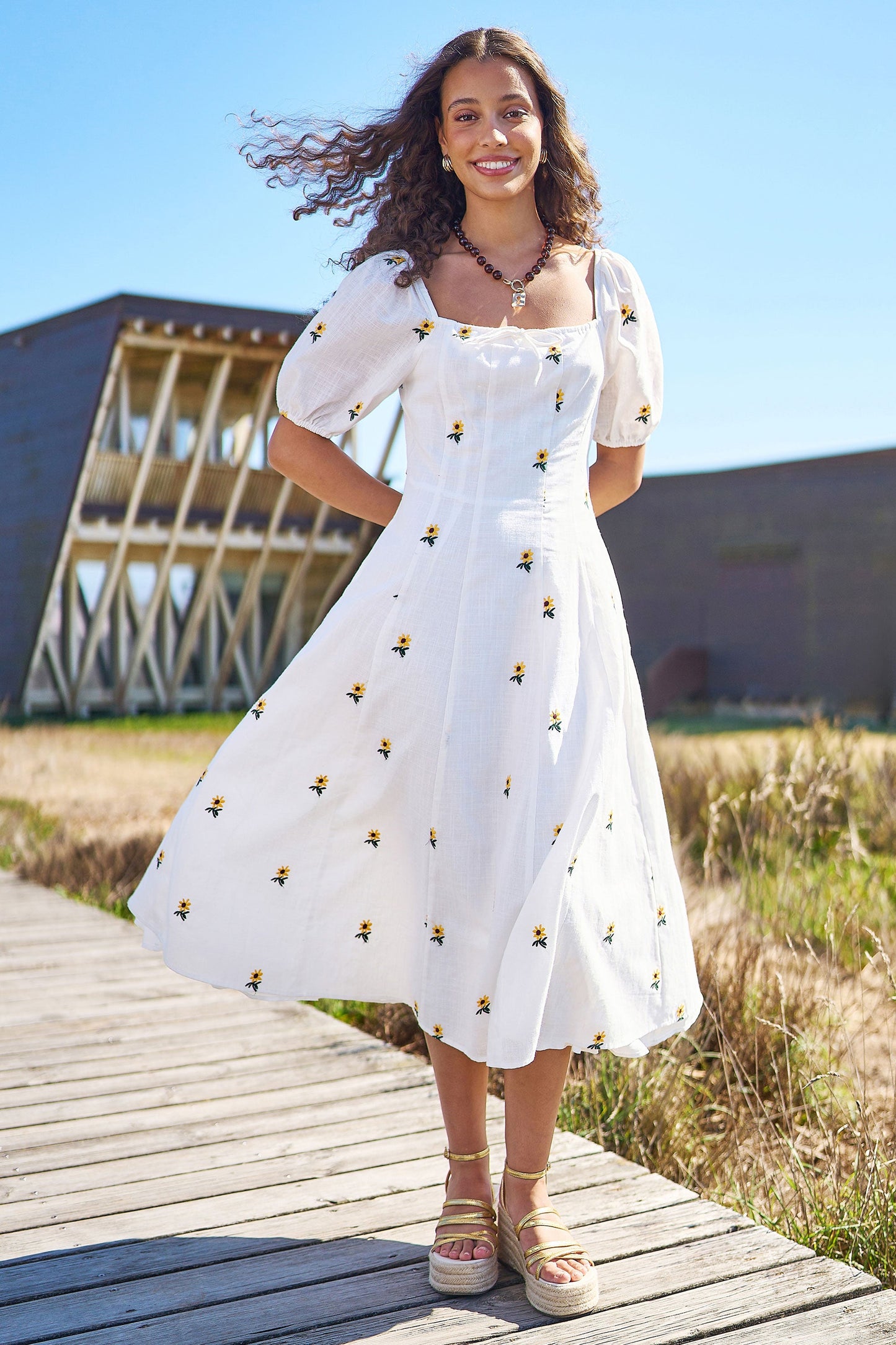 White Cotton Sunflower Embroidered Midi Dress