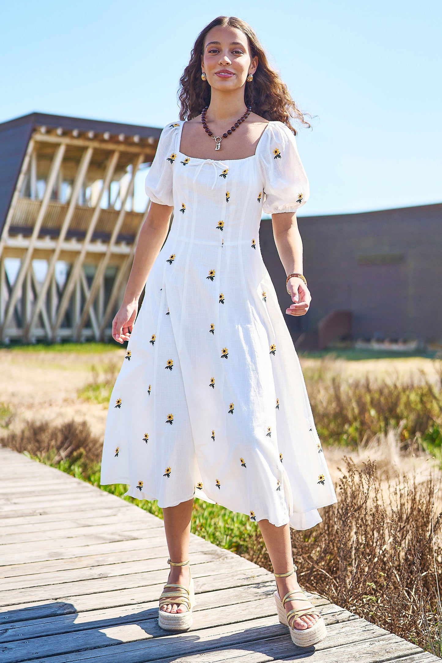 White Cotton Sunflower Embroidered Midi Dress