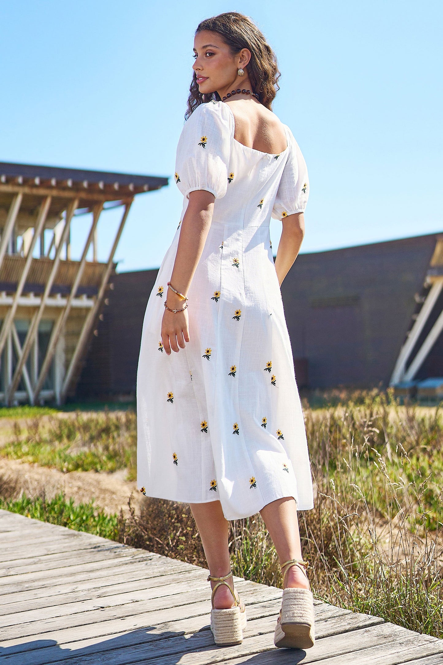 White Cotton Sunflower Embroidered Midi Dress