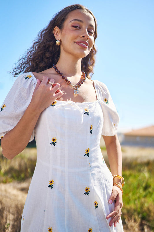 White Cotton Sunflower Embroidered Midi Dress