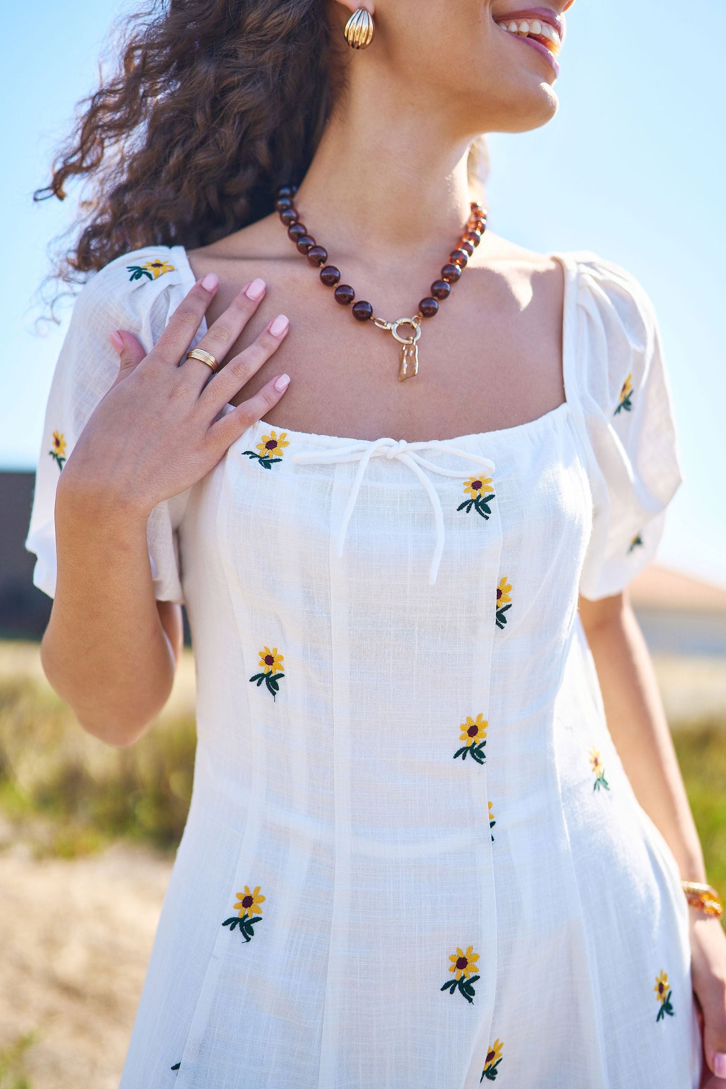 White Cotton Sunflower Embroidered Midi Dress