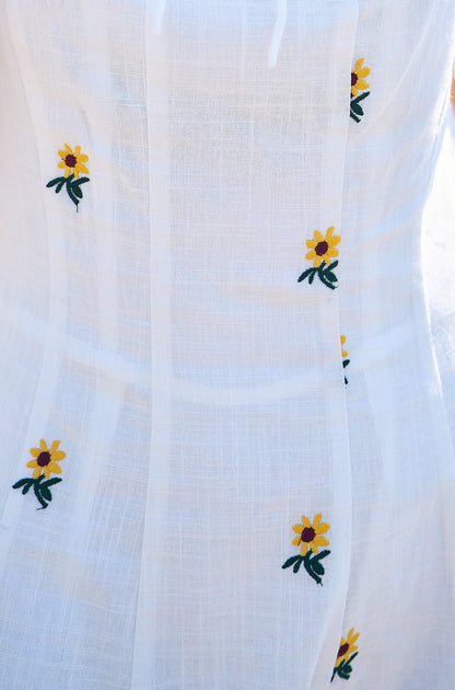 White Cotton Sunflower Embroidered Midi Dress