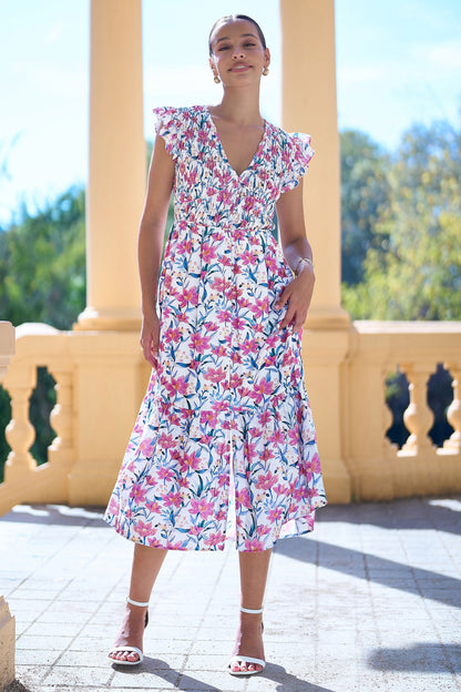 White Viscose Floral Ruched Waist Midi Dress