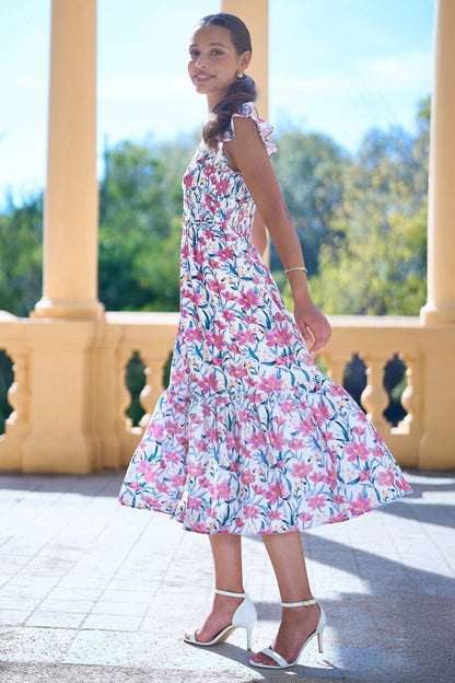 White Viscose Floral Ruched Waist Midi Dress