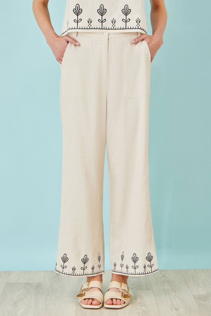 Ivory Linen Mix Embroirdered Trousers
