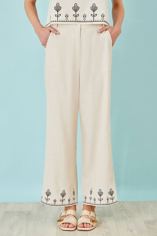Ivory Linen Mix Embroirdered Trousers