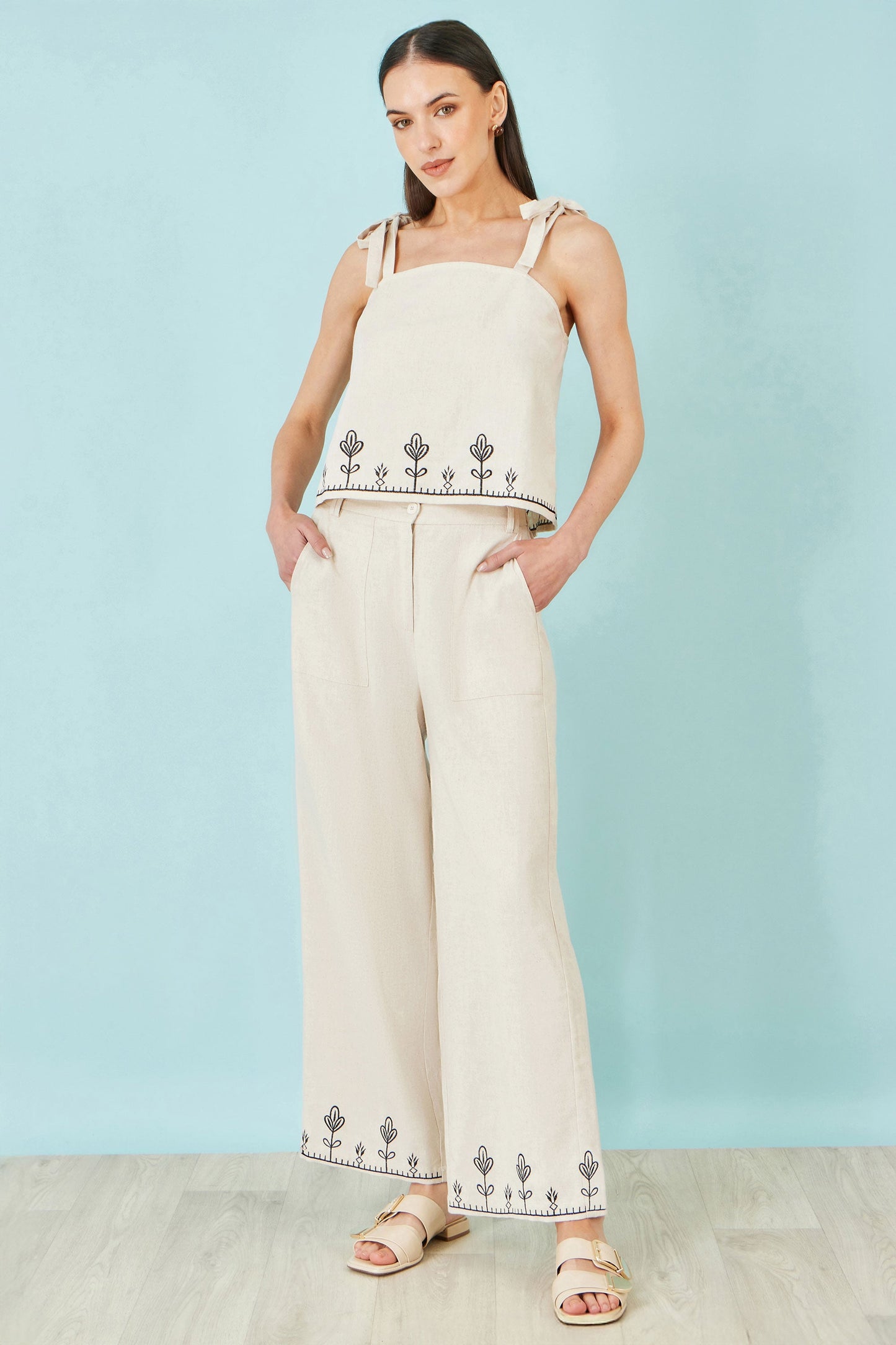 Ivory Linen Mix Embroirdered Trousers