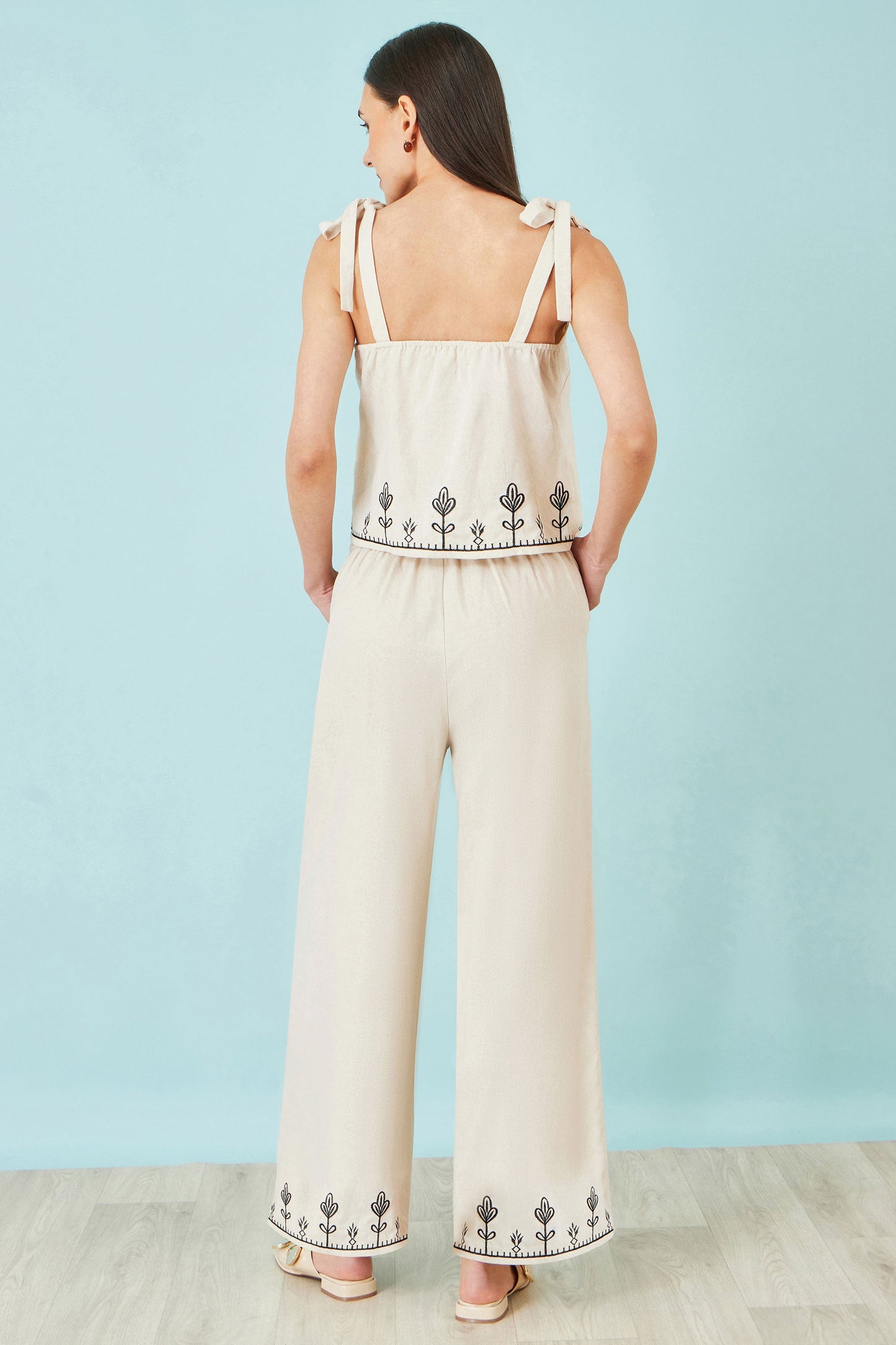Ivory Linen Mix Embroirdered Trousers