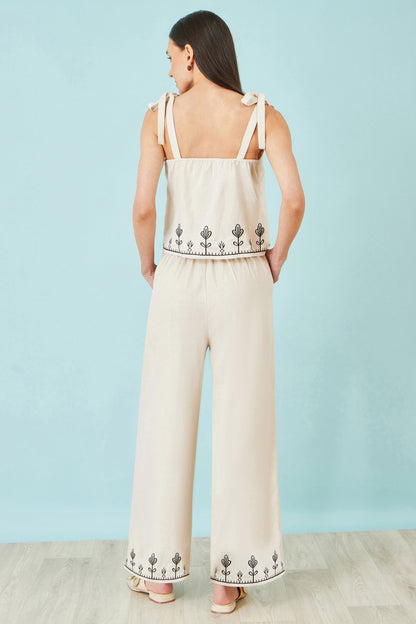 Ivory Linen Mix Embroirdered Trousers