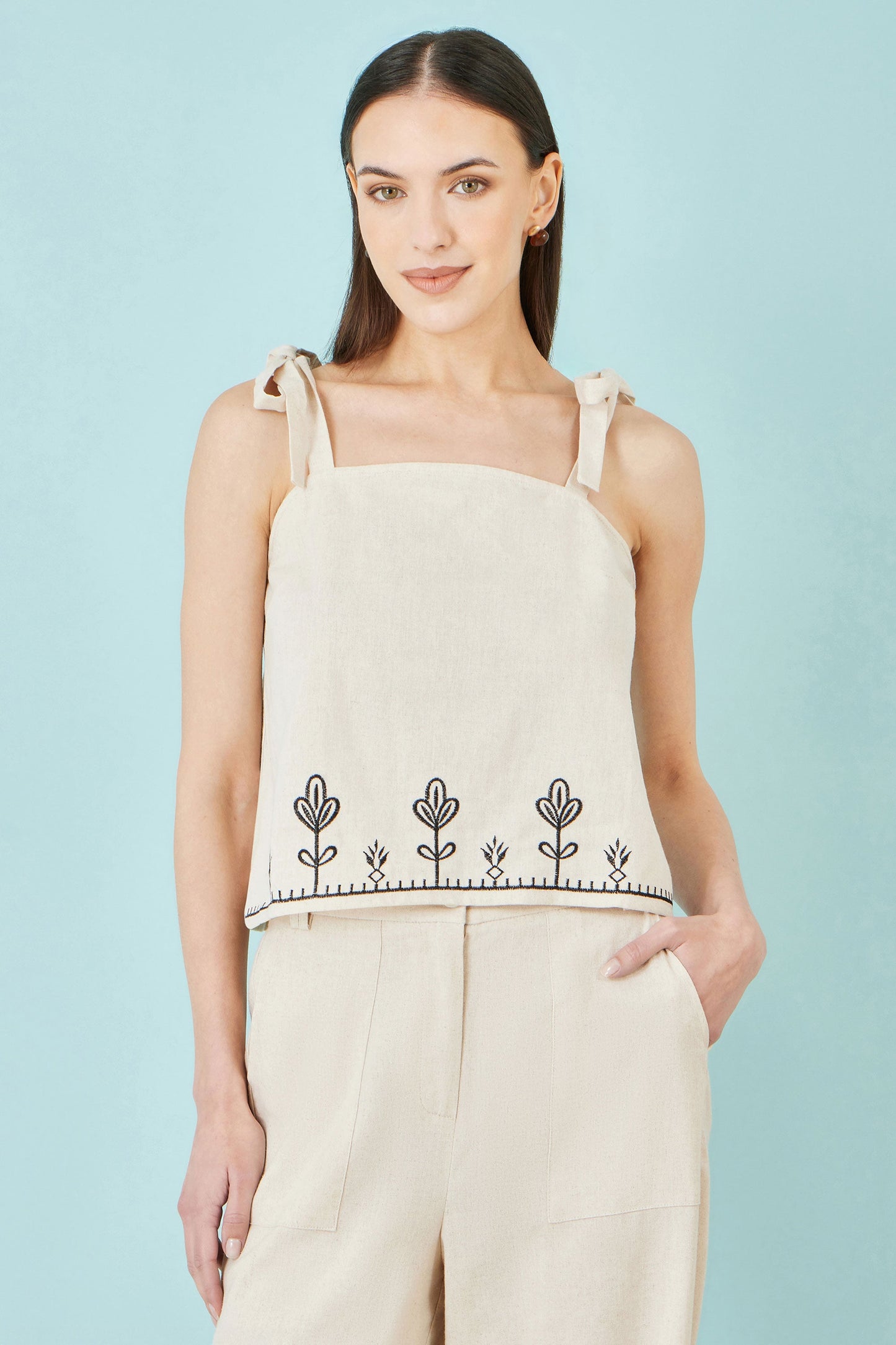 Ivory Linen Mix Embroirdered Top