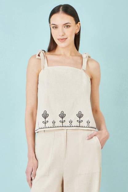 Ivory Linen Mix Embroirdered Top