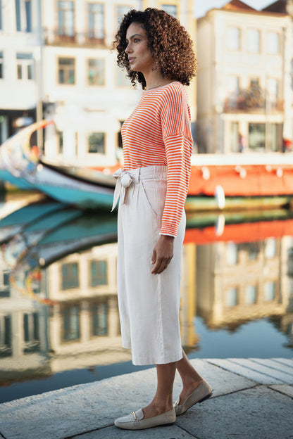 Natural Linen Mix Cropped Trousers With Tie Belt