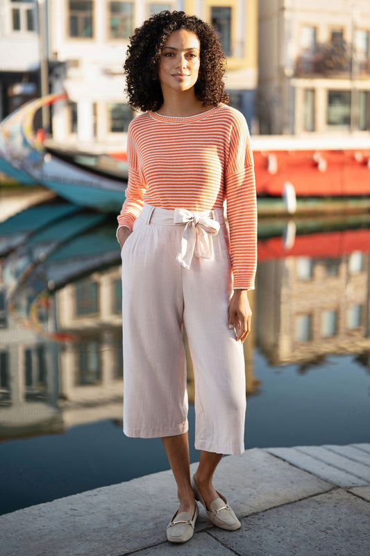 Natural Linen Mix Cropped Trousers With Tie Belt
