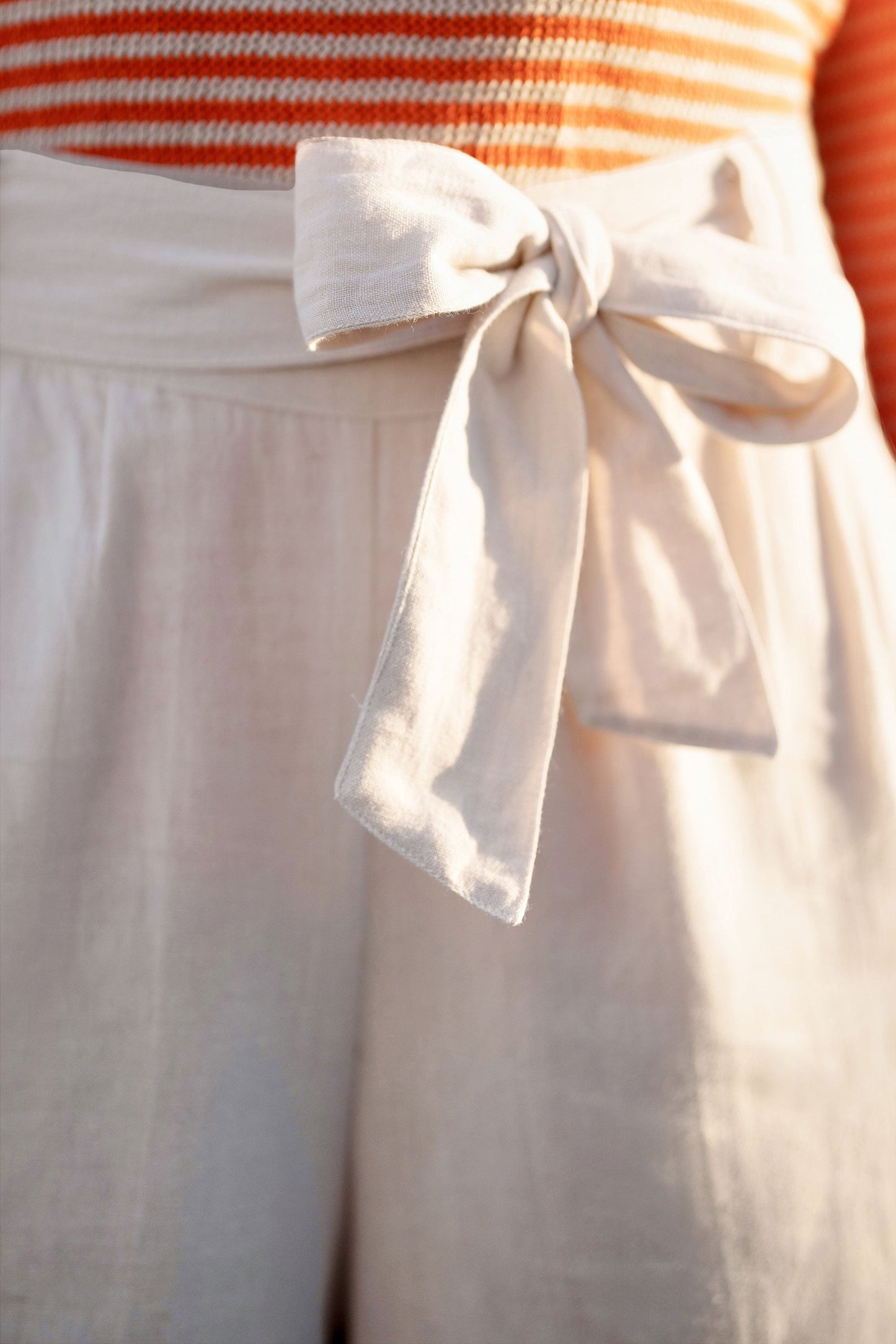 Natural Linen Mix Cropped Trousers With Tie Belt