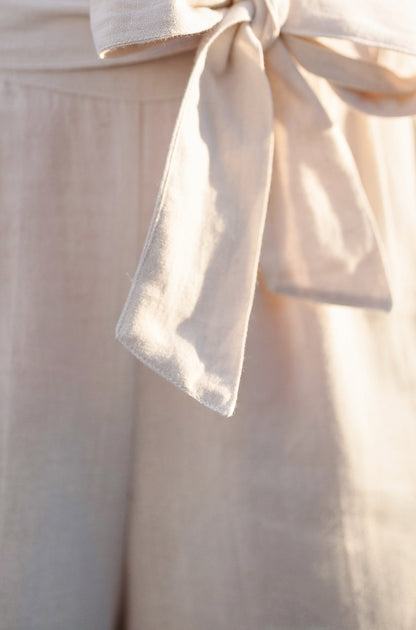 Natural Linen Mix Cropped Trousers With Tie Belt