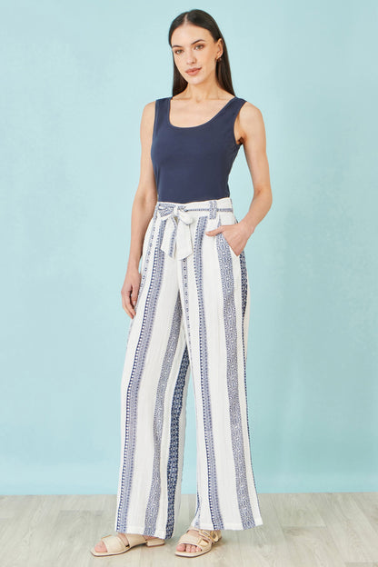 White Linen Mix Cropped Trousers With Tie Belt